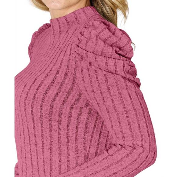 NEW BASIC BAE ribbed mock neck top with puff sleeves in fuchsia pink - Picture 4 of 4